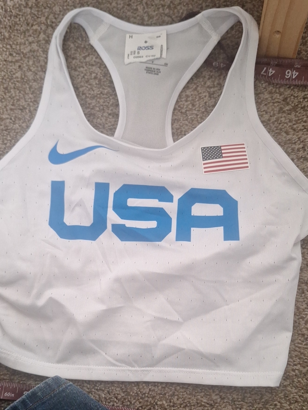 Nike White Crop Athletic Tank with Light Blue USA Print